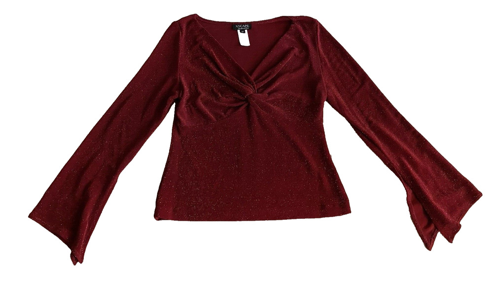 Xscape Womens Red Sparkle Blouse Size Medium Flared Sleeve Coquette Twist Knot